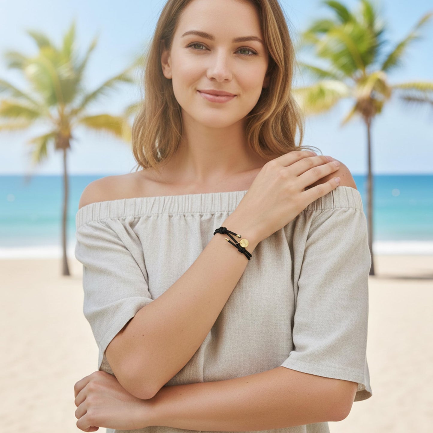 Leporem Minimalist Wristband Black Cord with Blank Round Pendant Elegant Dark Jewelry for Date Night, 6.1-7.9 Inch (Black, 18K Gold Plated)