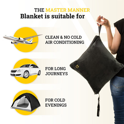 MasterManner Travel Blanket Airplane Compact with Hoodie – 2in1 Airplane Travel Accessories from Plane Blanket to Travel Pillow with Luggage Strap, Soft Handle & Secure Pocket