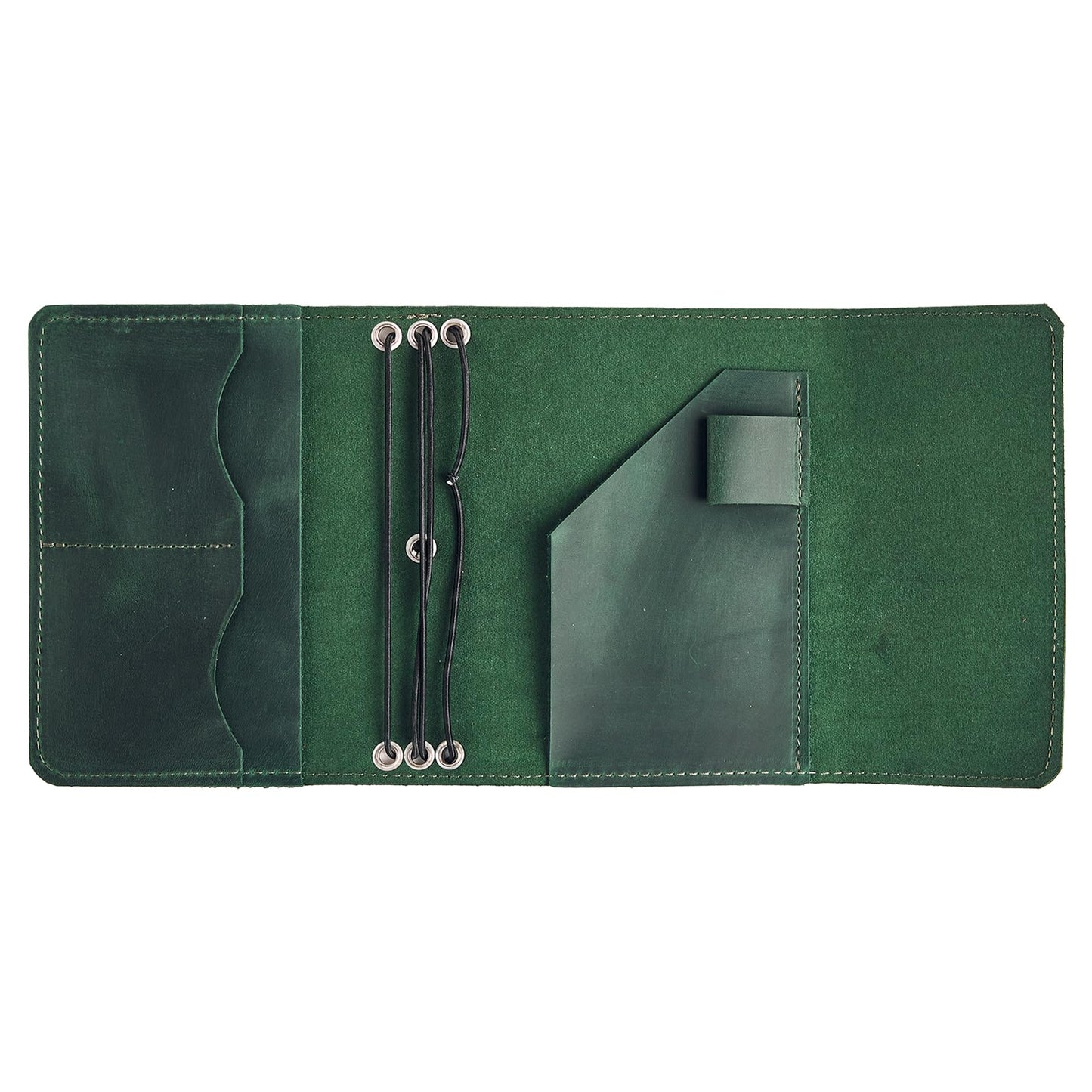 TORAKIP Genuine Leather A6 Journal Cover – Refillable Handmade Notebook Cover with 3 Elastic Bands, Pen Loop & Card Pockets – Travel Diary Case Fits A6 4.1" x 5.8" Notebooks (Paper Not Included), Green