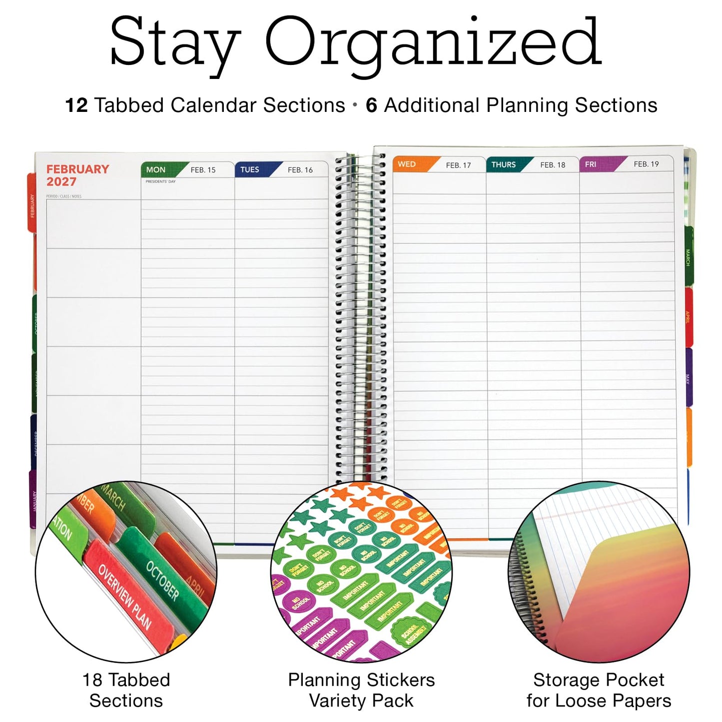 DELUXE TEACHER PLANNER Aug 2026-Jul 2027 8.5x11 Daily Weekly Monthly Organizers with 7 Periods, Pocket Folder, Dated Calendar, Page Tabs, Bookmark and Planning Stickers (Black Tree Seasons)