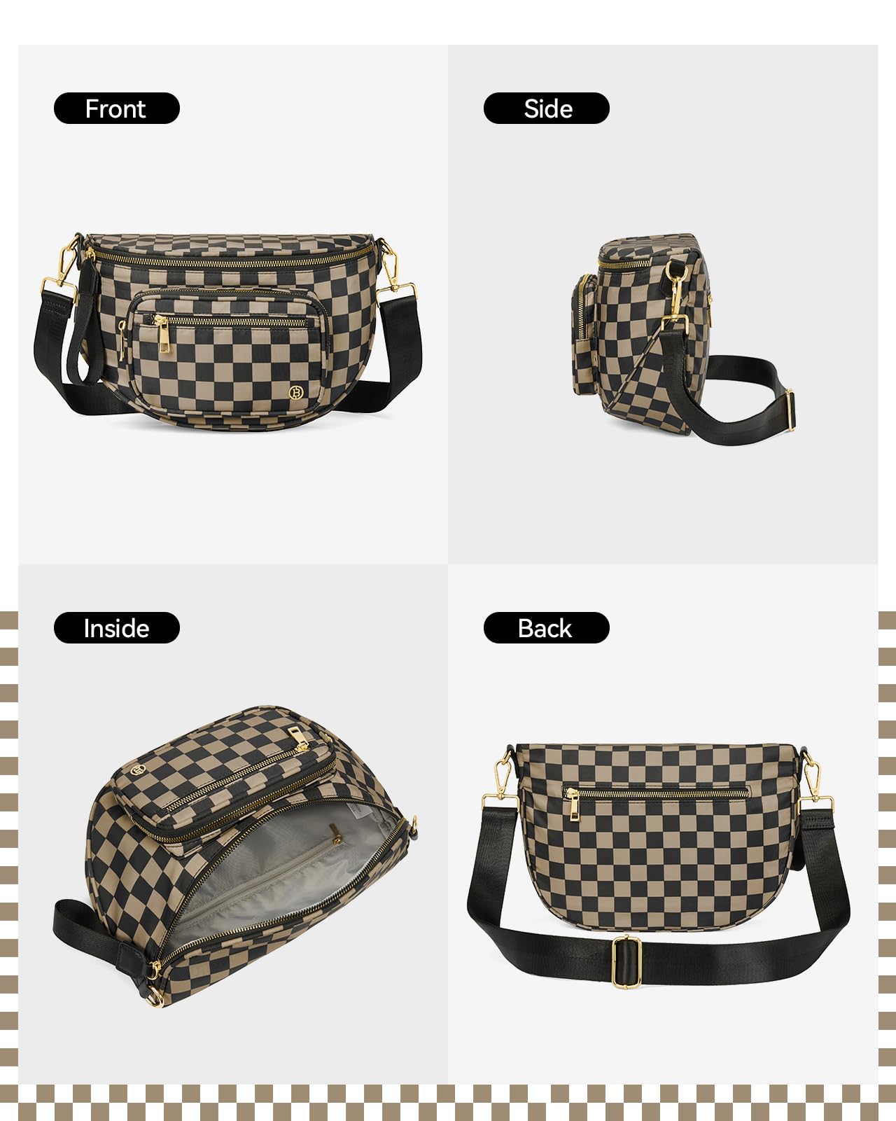 BOSTANTEN Crossbody Bags for Women Cross Body Purse Checkered Bum Bag, Large Diaper Purse for Moms, Perfect for Work/Travel