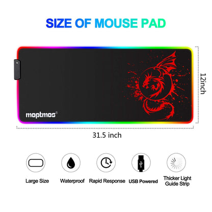 RGB Gaming Mouse Pad Anime Dragon Mousepad Mat LED with 15 Lighting Modes for Computer 31.5 X 12 Inch (Red)