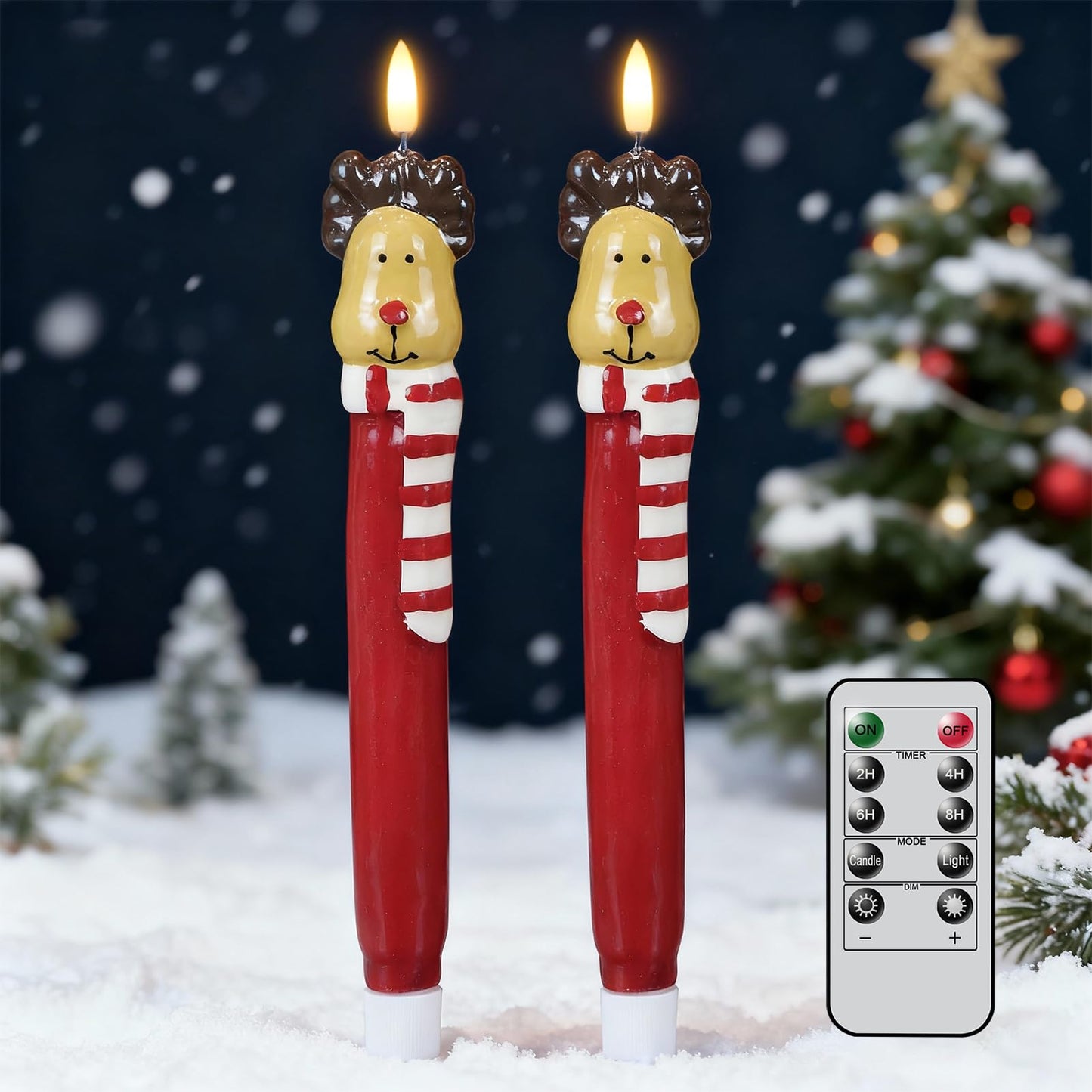 Lasumora Christmas Flameless Taper Candles with Remote Timer, 2 Pcs Hand-Painted Reindeer Sculpture Shape LED Candlesticks with 3D Flickering Flame for Home Décor Christmas Gifts