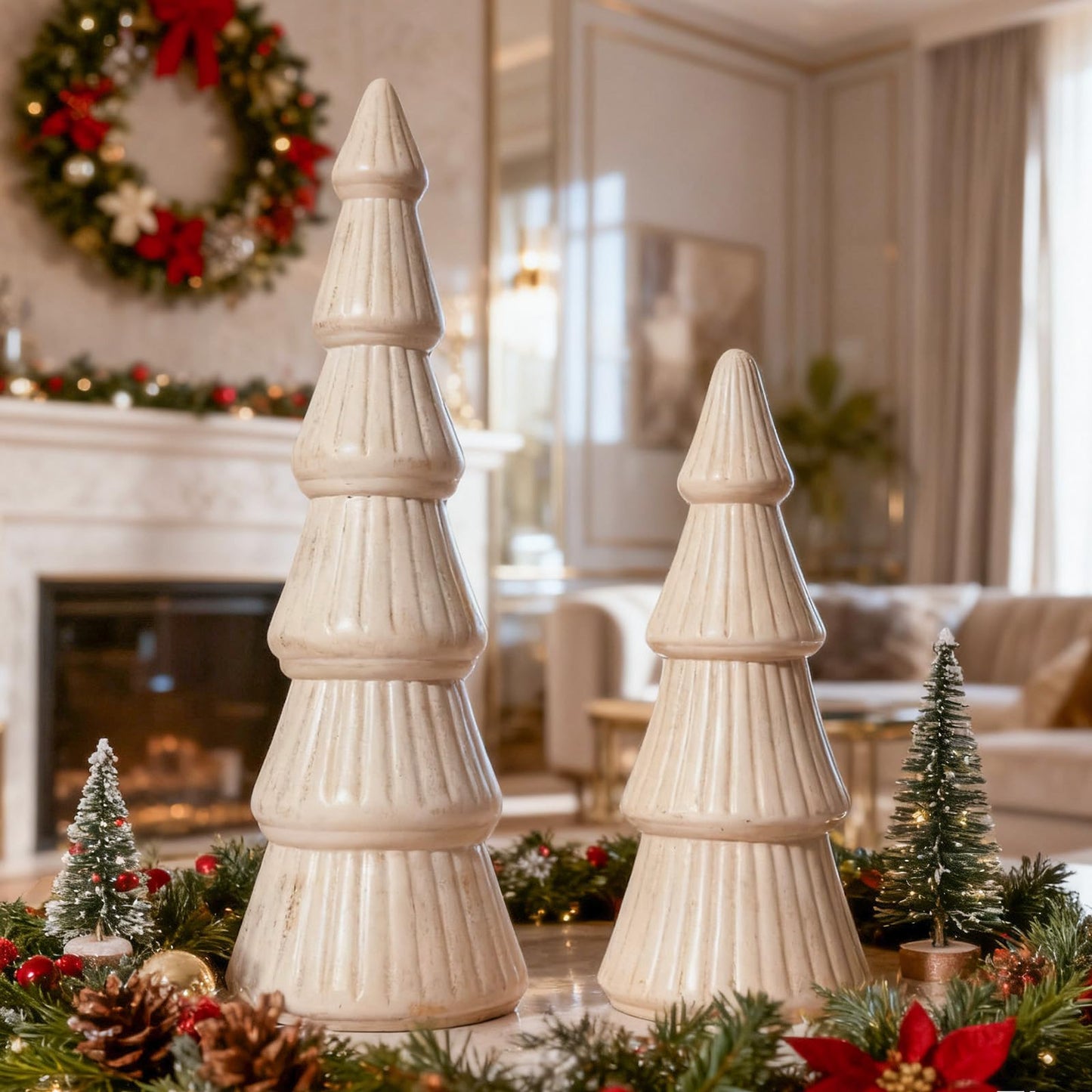 WONDROUS' DECO Wooden Christmas Tree Figurine, Tabletop Pink and Gold Tree Figurine, Set of 2 Desk Centerpieces for Christmas Decor