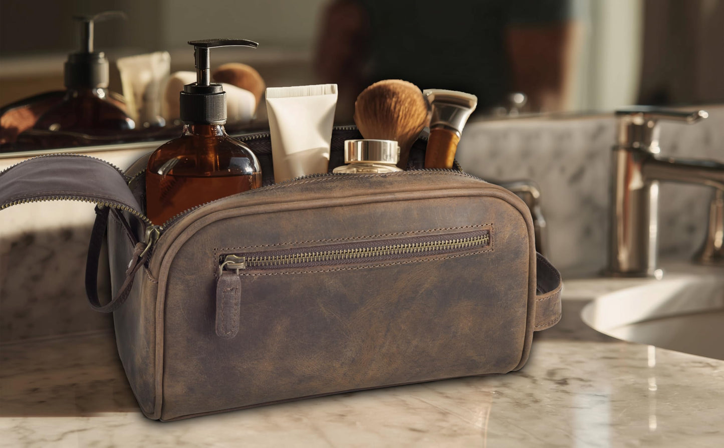 mds Genuine Leather Toiletry Bag for Men - Rustic Classic Vintage Handcrafted Full-Grain Leather Travel Dopp Kit with Waterproof Lining & Handle, Shaving & Grooming Kit Organizer Pouch - Rustic Brown