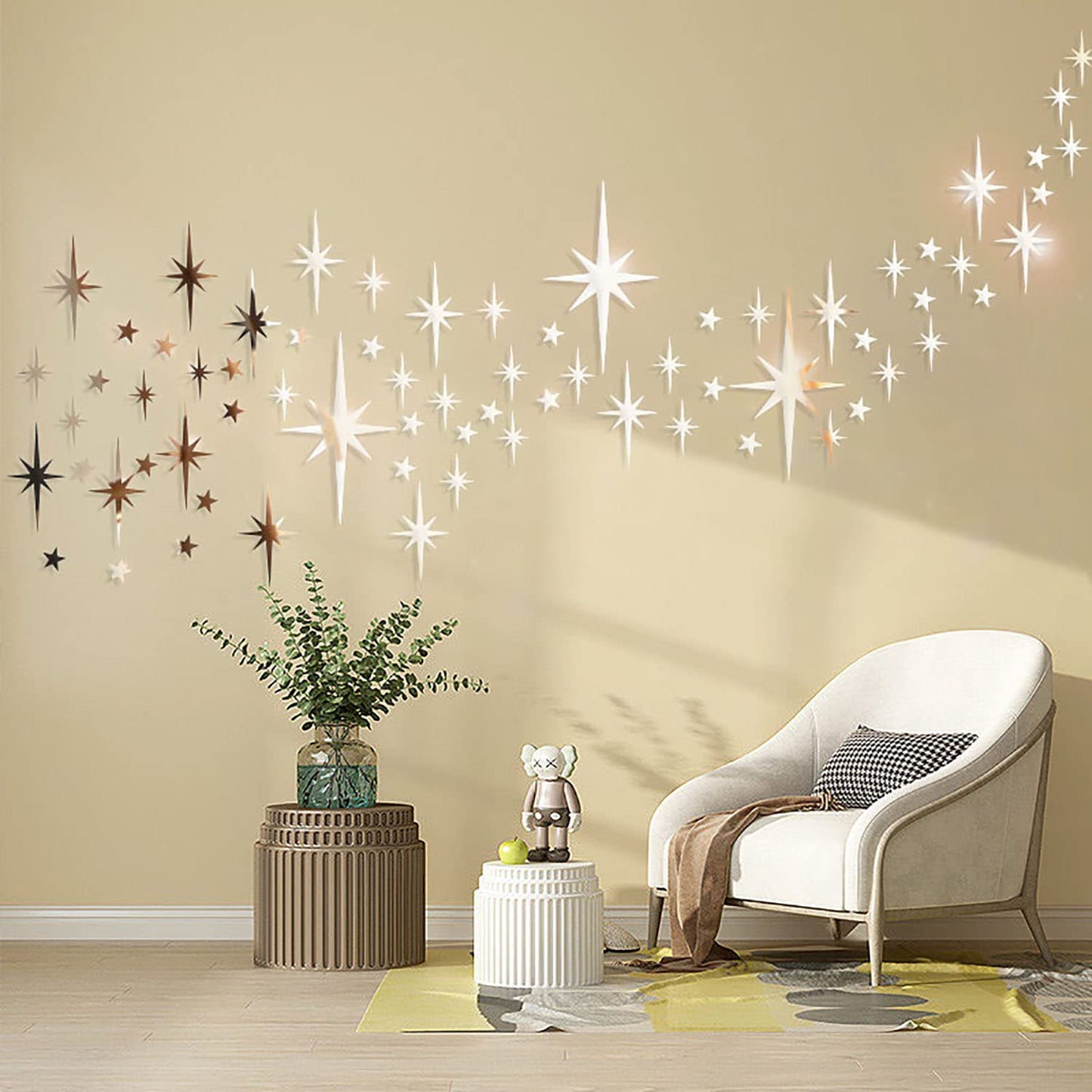Easma Mirror Wall Stickers Gold Star Wall Decal Peel and Stick 3D Acrylic Decals Removable Stars Adhesive Mirror Starburst Art Decor Sticker for Home Living Room Bedroom Decoration