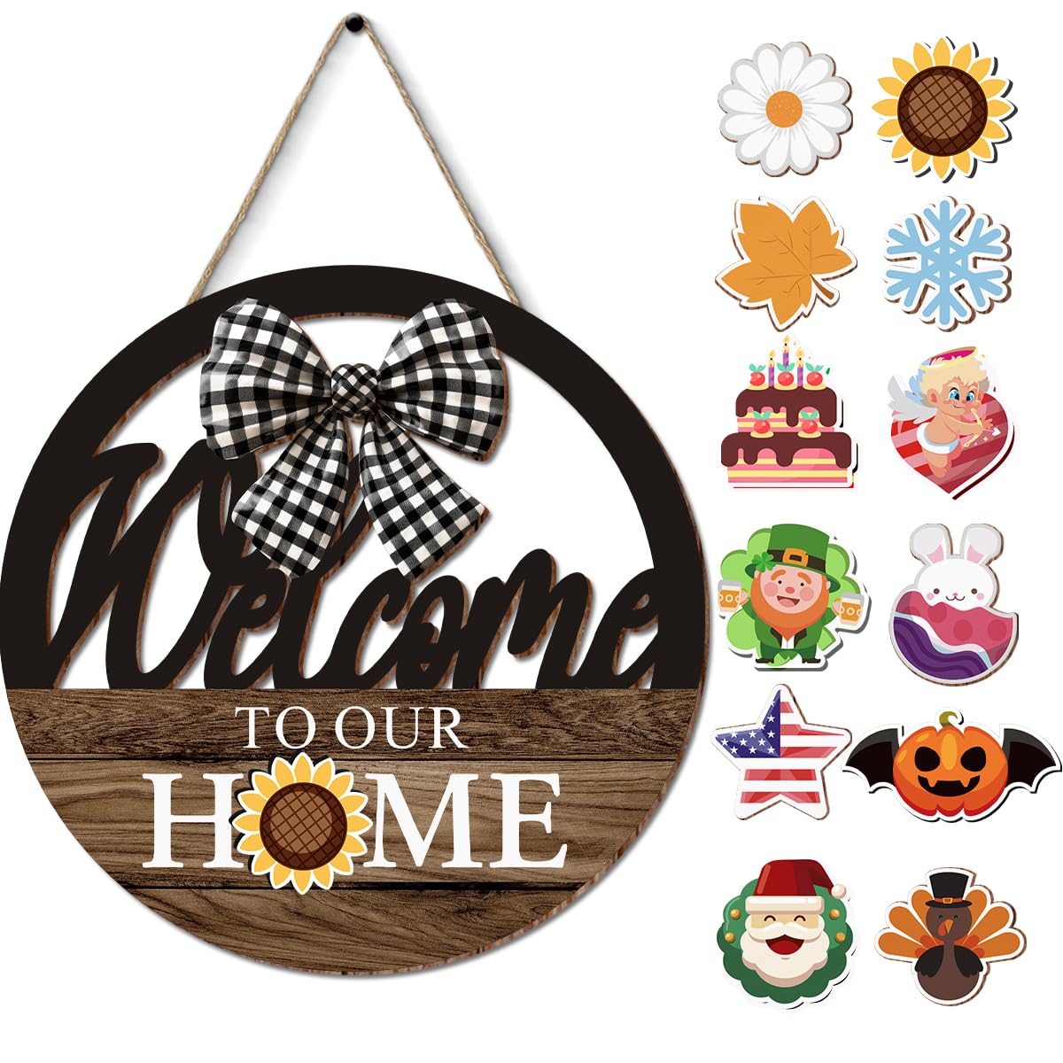 Interchangeable Seasonal Welcome to Our Home Hanging Sign - Farmhouse Front Door Decoration for Spring All Seasons Holidays - Rustic Round Wood Wreaths with 12 Icons(Brown)