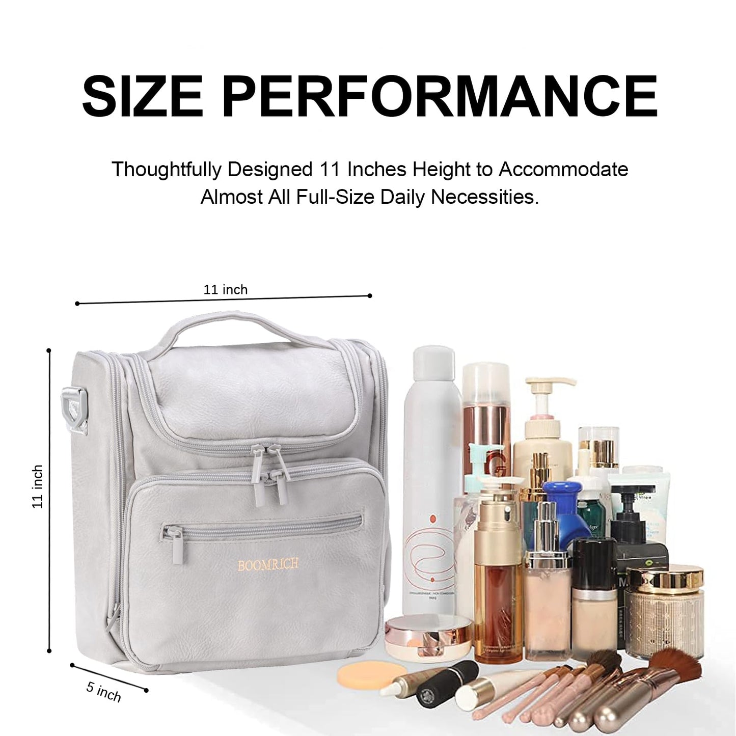 BOOMRICH Large Toiletry Bag for Women, Hanging Leather Travel Makeup Bag with 360° Hook and Shoulder Strap, Travel Organizer for Full Sized Container, Toiletries, Brushes (Grey)