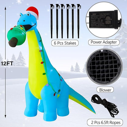 DR.DUDU 12 FT Christmas Inflatable Outdoor Decorations, Large Blow Up Dinosaur Inflatables with Santa Hat Christmas Tree Light up Giant Xmas Holiday Decor for Yard Lawn Garden Outside