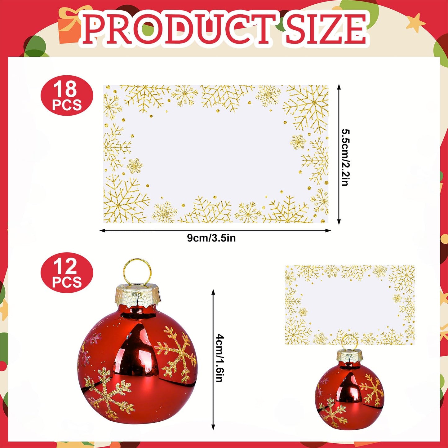 Whaline 12 Packs Christmas Gold Snowflake Ornament Place Card Holders with Name Cards Xmas Red Ball Seat Label Card Holders for Winter Wedding Holiday Table Sign