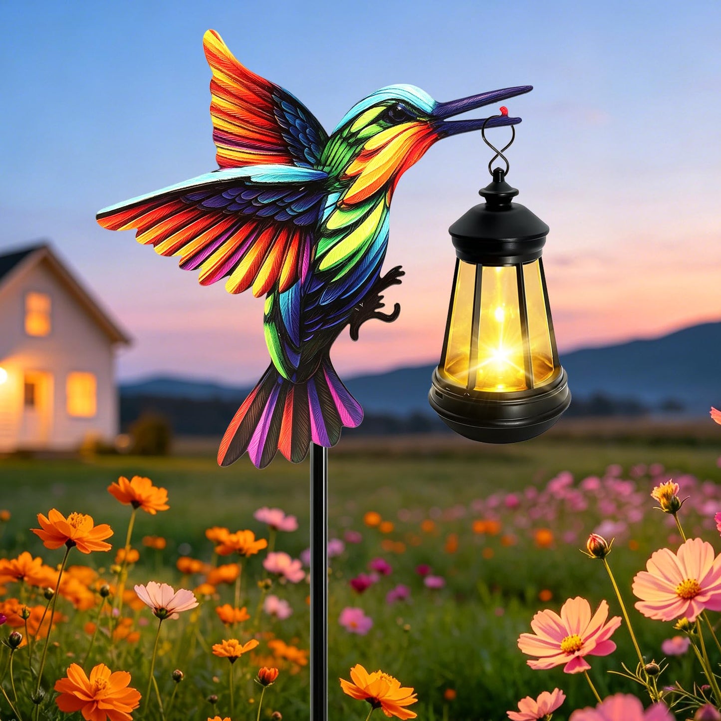 ANGMLN Hummingbird Solar Lights Outdoor, Hanging Lantern Waterproof, Birthday Gifts for Women Mom Mother's Day, Metal Garden Statue Yard Decor Patio Pathway Backyard Lawn Ornaments