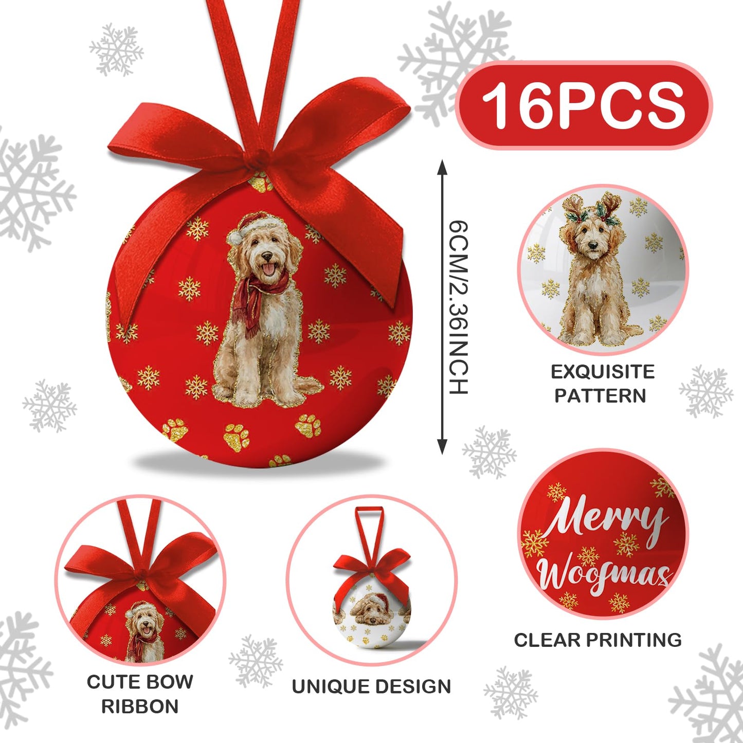Golden Doodle Christmas Decor - Hanging Golden Doodle Ornaments Balls for Christmas Tree, Cute Decorations Ball 2.36 Inch for Xmas Tree Party Home Holiday，Xmas Gifts Set of 16Pcs
