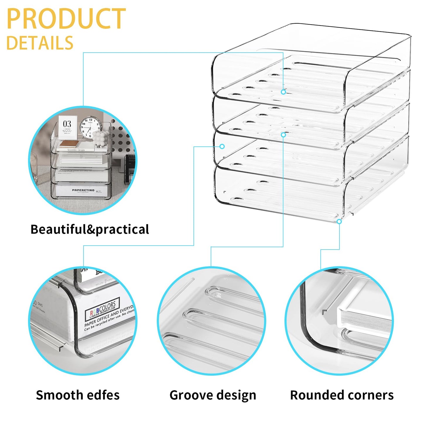 FANXIYQ 4-Tier Acrylic Paper Tray Organizer | Clear Stackable Desk Organizer for Documents, Letters, A4 Paper | Modern Office/Classroom/Home Organization