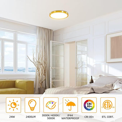 Hlite 6pack 12 inch Flush Mount LED Ceiling Light Fixture,24W 2400LM Super Slim Light Fixtures Ceiling Mount 3000K/4000K/5000K 3CCT Selectable,Ceiling Light Fixtures for Kitchen,Bedroom (Gold)