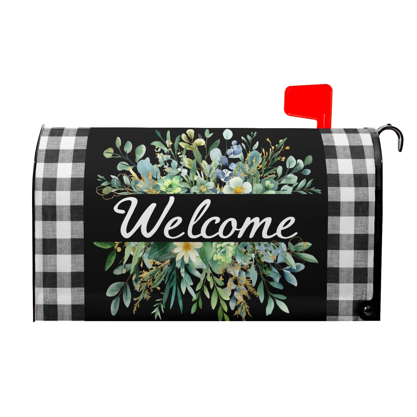 Spring Summer Wreath Welcome Mailbox Covers Magnetic Spring Black White Buffalo Plaid Mailbox Cover Large Green Wreath Mailbox Wraps Post Letter Box Cover Decor for Home Farmhouse Gadern Yard 25"x21"