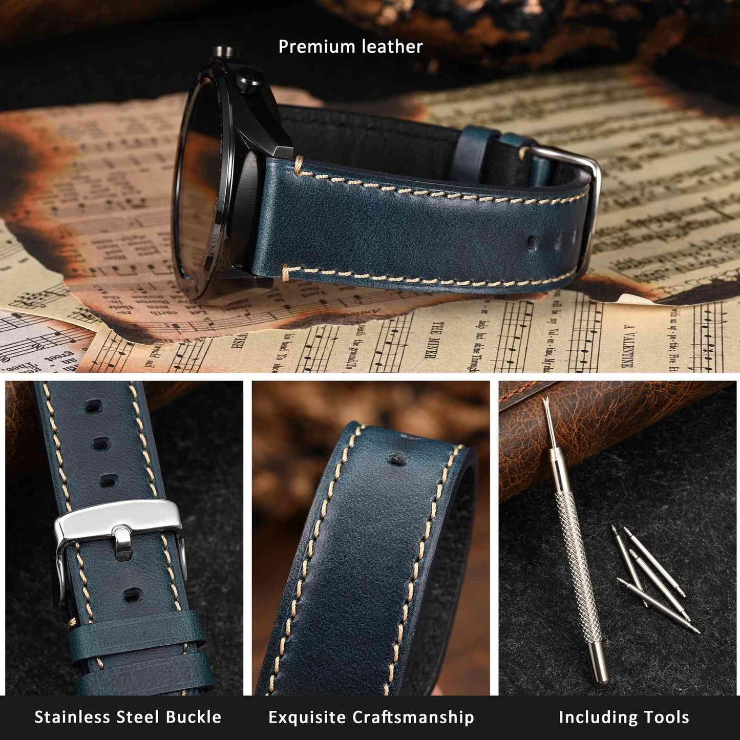 WOCCI 20mm Watch Band, Pull Up Leather, Polished Silver Buckle (Midnight Blue)