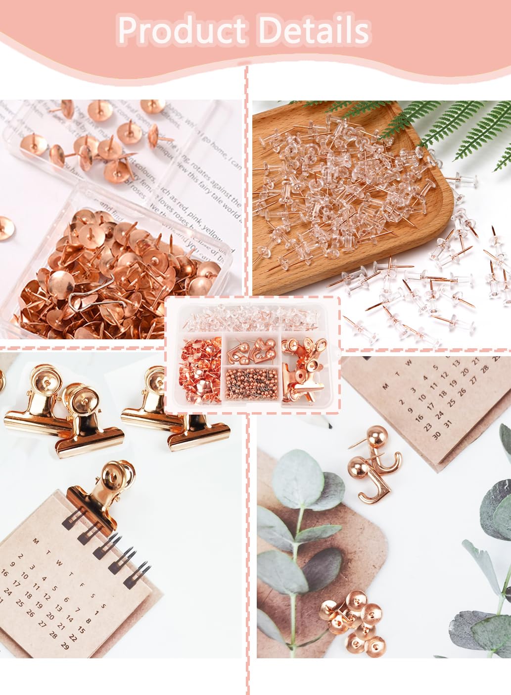 460 Pcs Push Pins Set, 5 Style Rose Gold Push Pin Hooks Push Pin Clips Thumb Tacks Set for Cork Board Office Stocking Stuffers (Rose Gold)