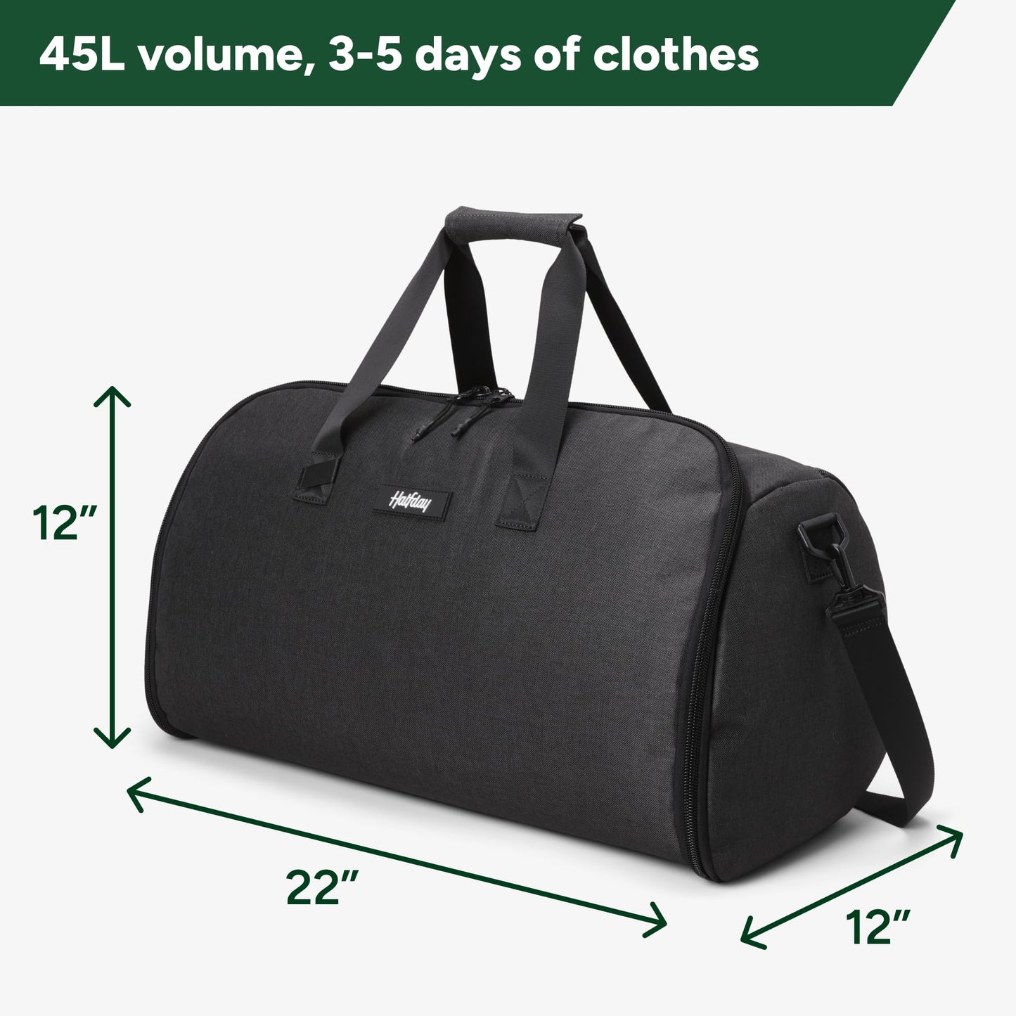 Halfday Convertible 2-in-1 Garment Duffel Weekender Bag 45L: Wrinkle-Free Travel (Hanging Suit Compartment, Shoe Pockets, Trolley Sleeve), Durable & Water-Resistant Carry-on, Shadow