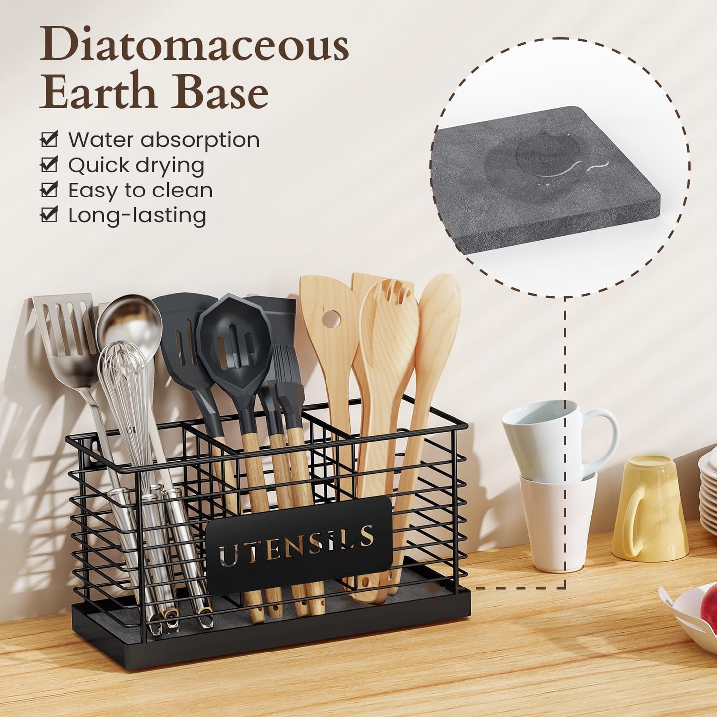 THYGIFTREE Utensil Holder for Kitchen Counter with Diatomaceous Earth Base, Large Black Metal Cooking Tool Organizer with 3 Compartments, Countertop Utensil Holder for Spatula and Kitchen Utensils