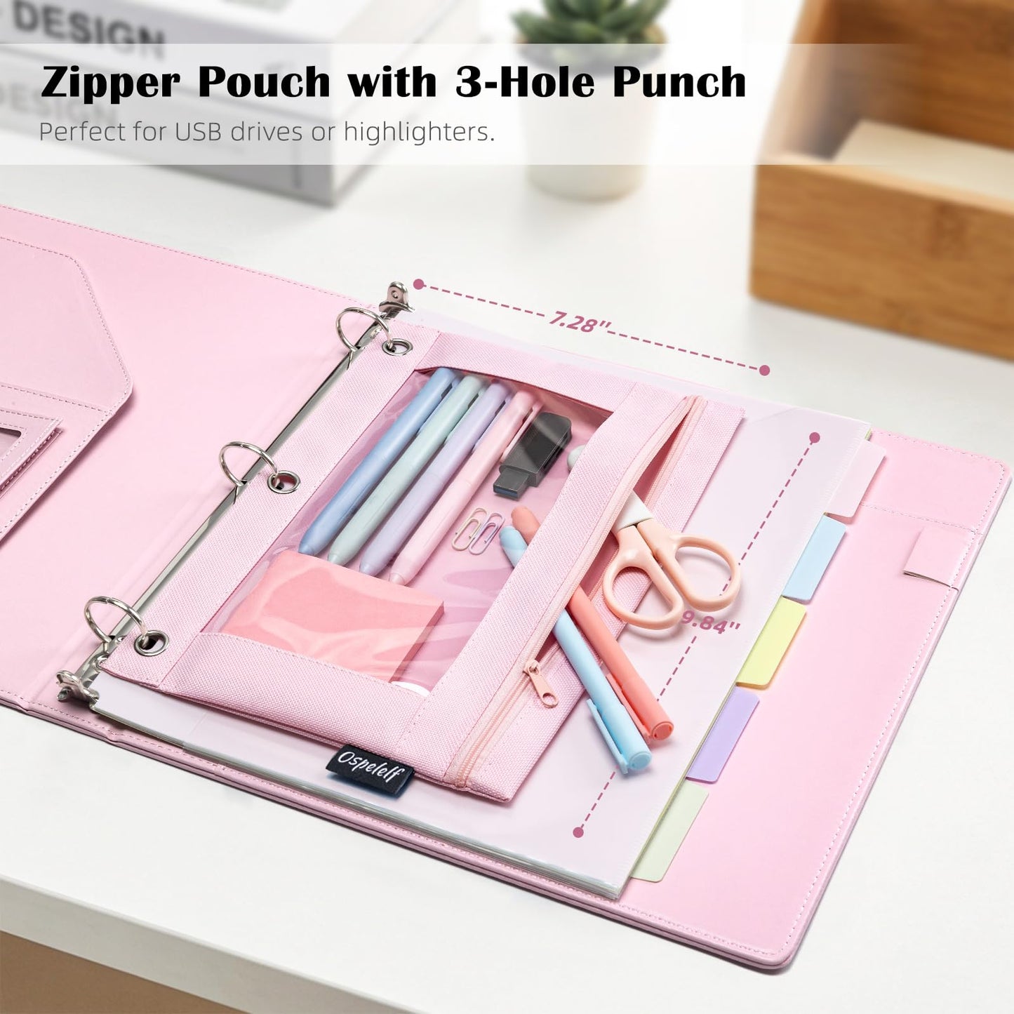 Ospelelf Pink Leather Binder with Magnetic Clipboard, 1 Inch Binders 3 Ring with Storage Zipper Pouch, Pocketed Dividers, Professional Clipboard Folder for School Office Nursing