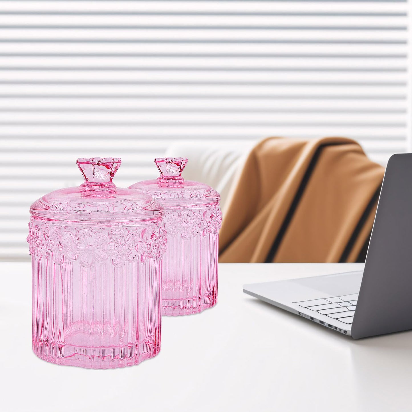 2 Pack Qtip Holder Glass Bathroom Storage Canisters for Cotton Rounds, Apothecary Jars with Lids, Cute Crystal Beauty Eggs Makeup Pads Dispenser, Candy Container Floss Organizers (Pink)