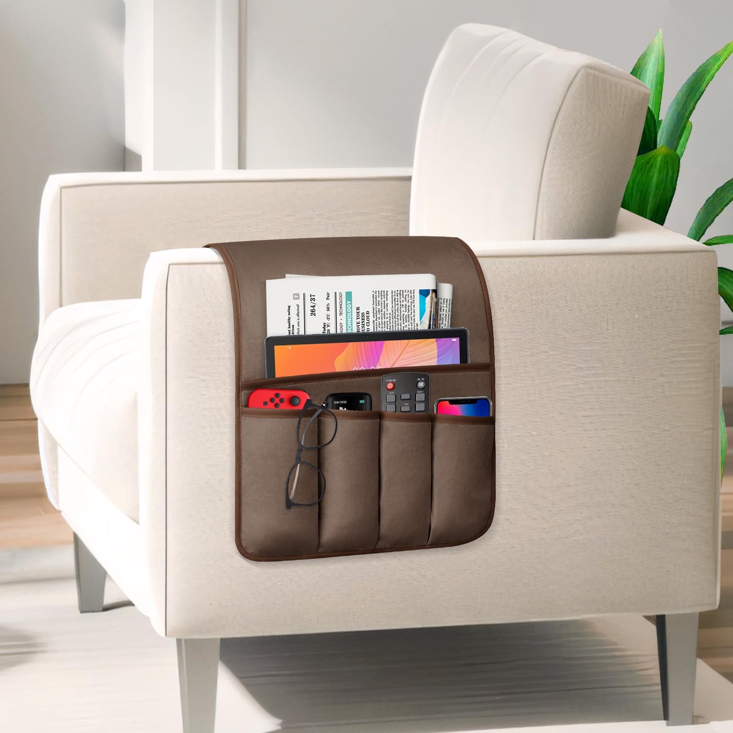 WETRBWEH Remote Control Holder for Armchair, Couch Caddy Organizer TV Remote Holder for Bed Storage 5 Pockets, Remote Caddy Bedside Organizer Bedside Table Organizer (Brown, 35"x12.4")