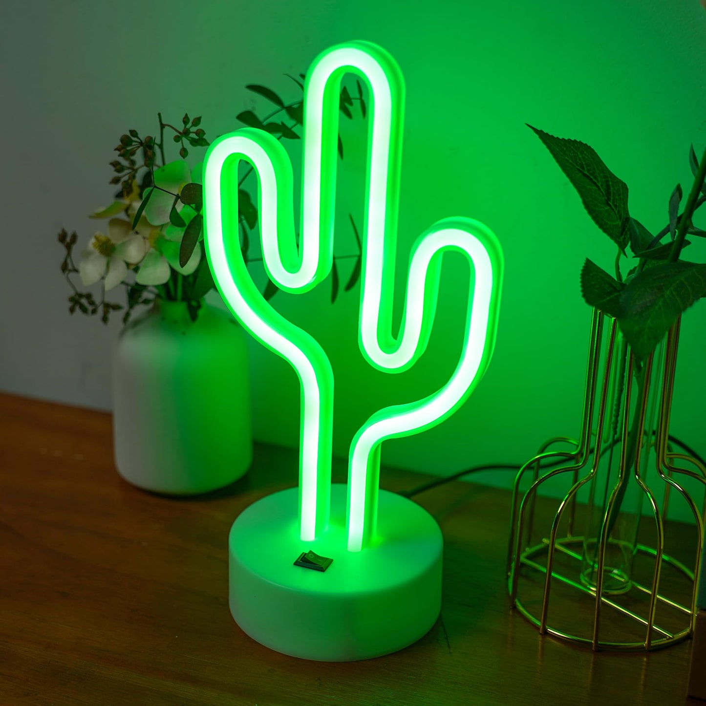 Green Cactus Neon Lights with Holder Base, Cactus Neon Signs for Bedroom, Tabletop, Bar, Birthday, Christmas Decor, Luau Summer, Mexican Party, Battery/USB Powered LED Night Light Children Gift