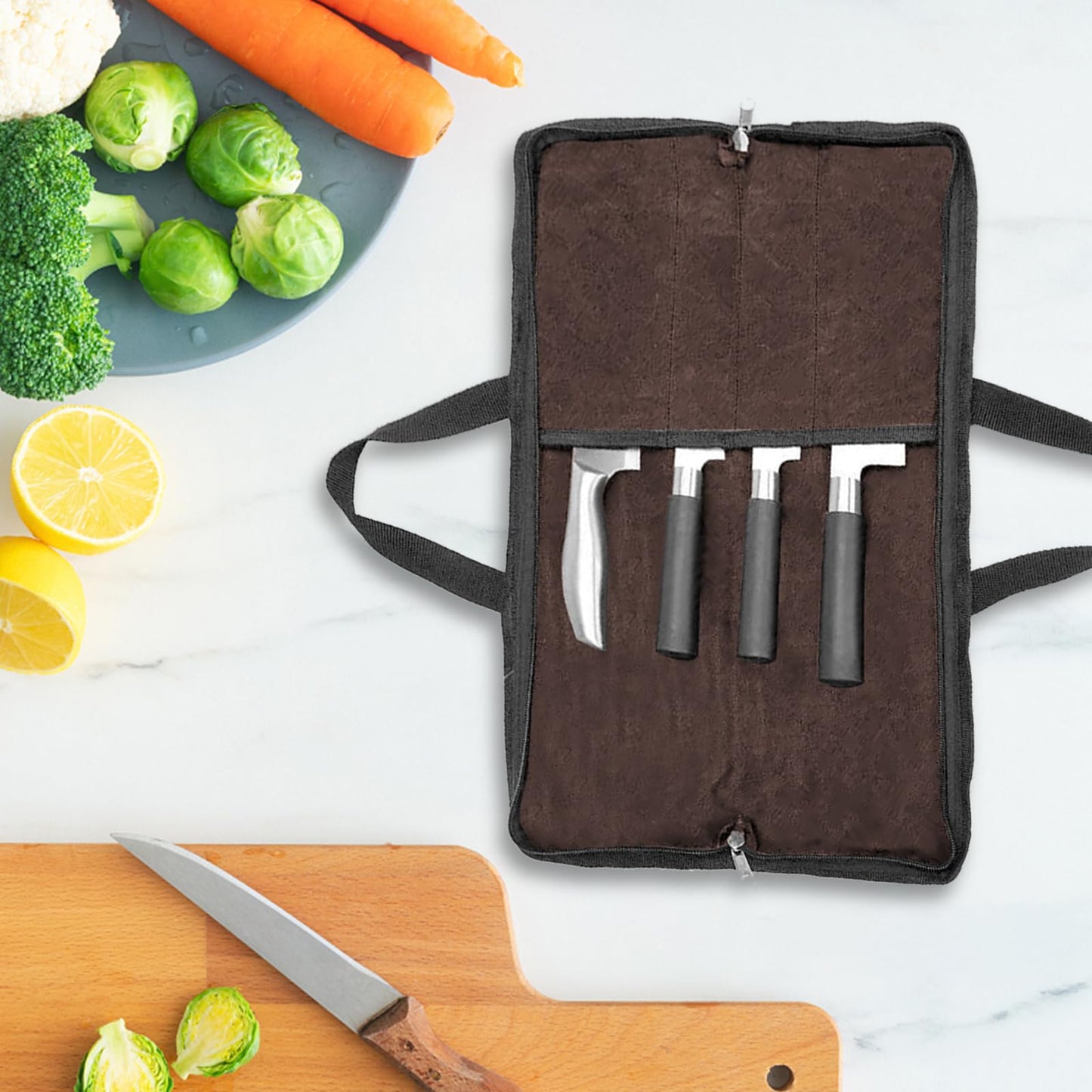 QEES Knife Roll,Heavy Duty Knife Bag,Waxed Canvas knife Case with 4 Slots For Knives & Kitchen Tools,Chef Knife Bag With Handle.Portable Knife Roll Bag For Chefs Culinary Traveling.Knives Pouch