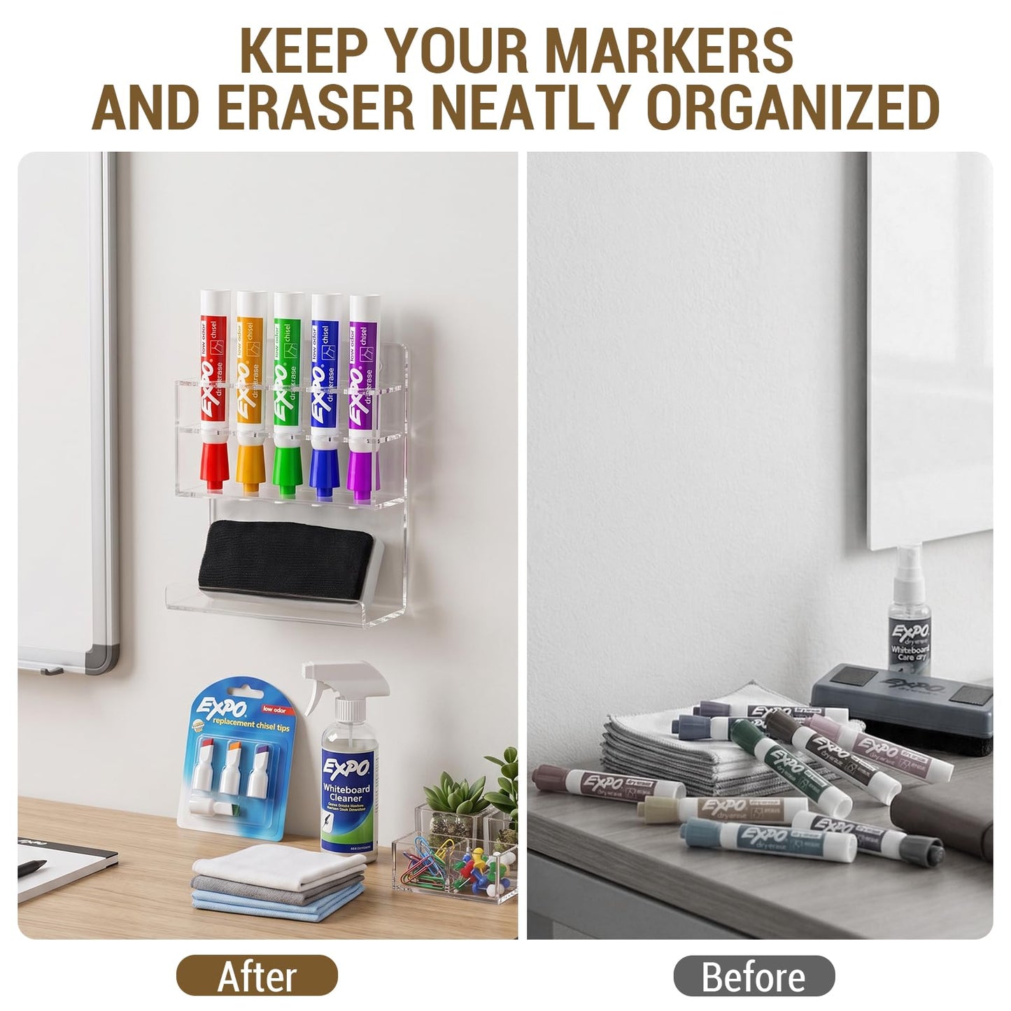 MyGift Wall Mounted Clear Acrylic Dry Erase Marker Holder Organizer for 5 Markers and Eraser, Hanging Whiteboard Accessories Rack for Office Home Dorm Classroom Meeting Room