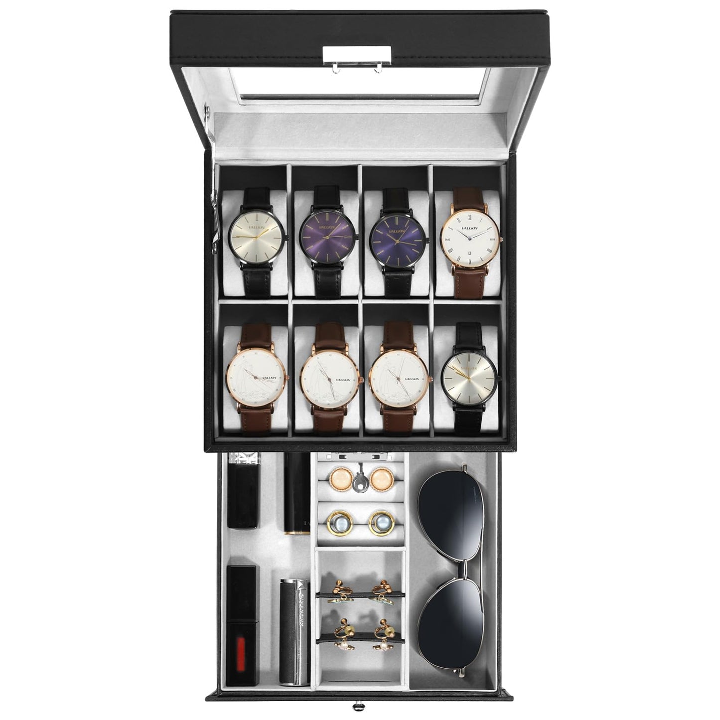 Uten 8-Slot Watch Box, 2-Layers PU Leather Watch Case with Glass Lid, Watch Holder Organizer with Soft Pillow and Velvet Lining, Watch and Jewelry Storage Box