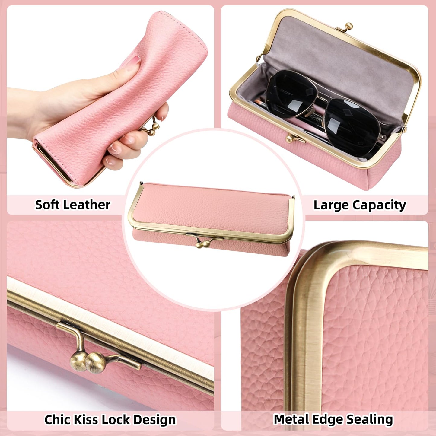 LIYAZHIL Leather Sunglasses Case, Soft Glasses Bag with Kiss Lock Vintage Eyewear Storage for Men and Women (Pink)
