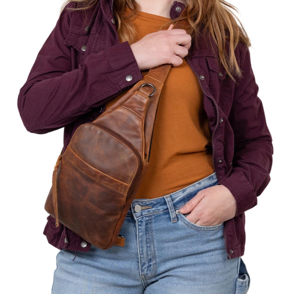 Lady Conceal - Dakota Unisex Leather Concealed Carry Sling Bag - Large Frame Handgun - Concealment pockets with Magnetic Closure and Universal Holster Backpack (Cognac) - 7" L x 15" H x 2" D