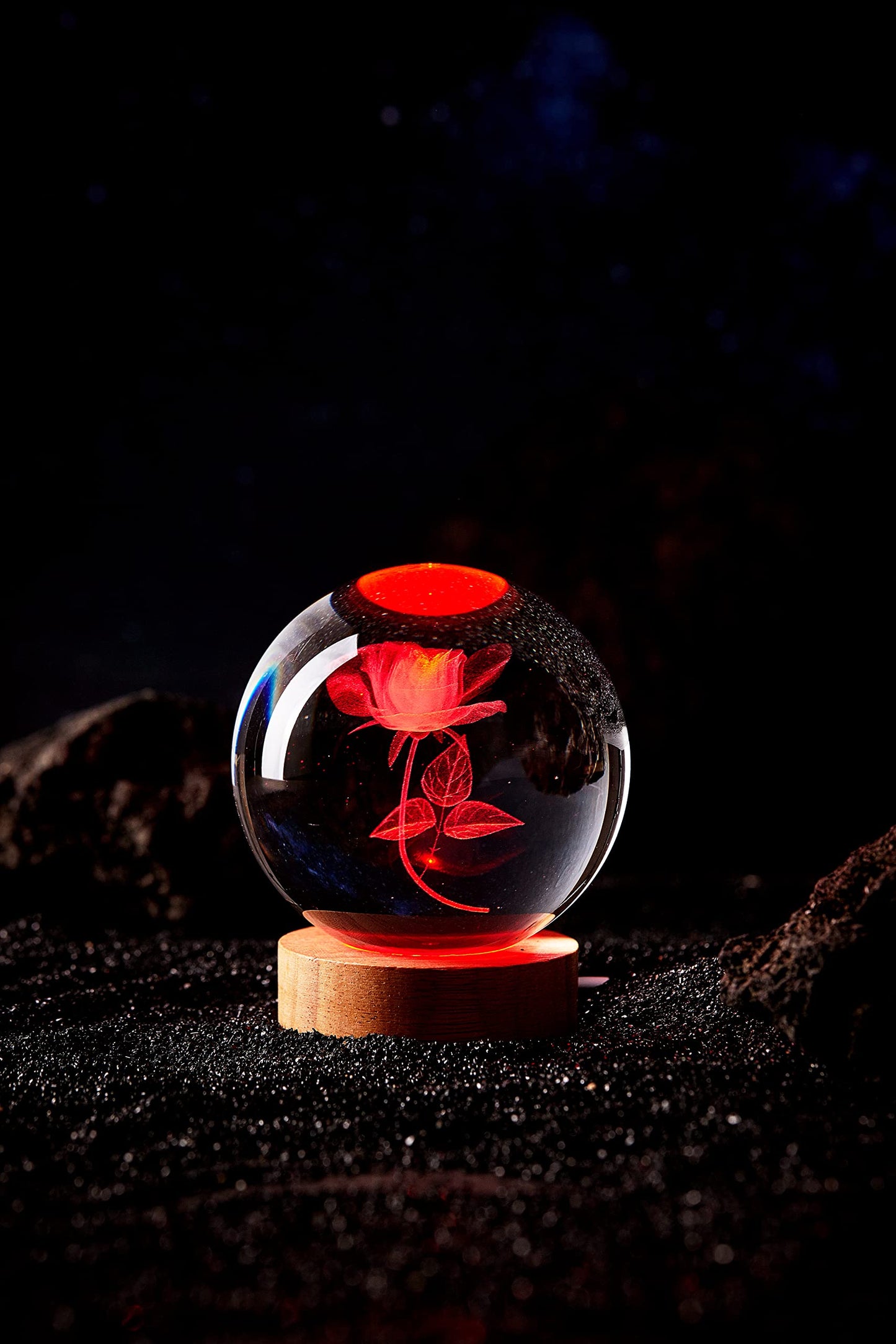 3D Rose Crystal Ball Lamp,3.15 inch Crystal Ball Night Light with Wooden Base,16 Colors Changing Light,Dimmable Remote Control,Rose Flower Desk lamp (G)