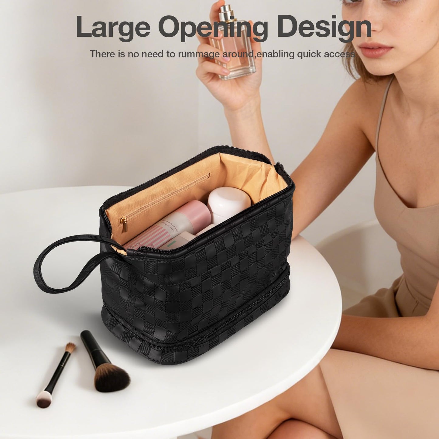 Abiudeng Large Makeup Bag for Women,Travel Makeup Organizer with Brush Holder, Dopp Kit Essentials,Waterproof Checkered Cosmetic Bag for Traveling,Multi Compartment,Cute,Spacious Capacity-Black
