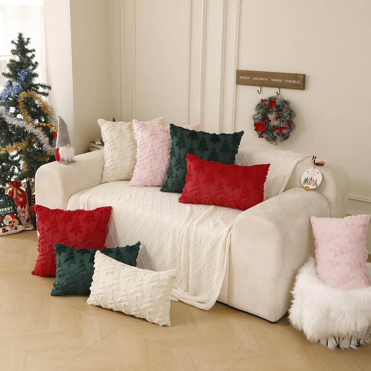 All Smiles Christmas Decorative Pillow Covers 18x18 Set of 2, Xmas Navidad Ornaments Soft Plush Faux Fur,Decorations Winter Holiday Couch Cases Home Decor for Sofa Livingroom Bed,Dark Green