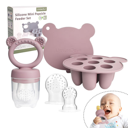 LittlesJoy Silicone Baby Fruit Feeder & Freezer Tray Set, Baby Breast Milk Popsicle Mold for purees, Baby Teething Relief for Toddler BPA Free for 3 Month+, Additional Silicone Pouches (Dusty Lilac)