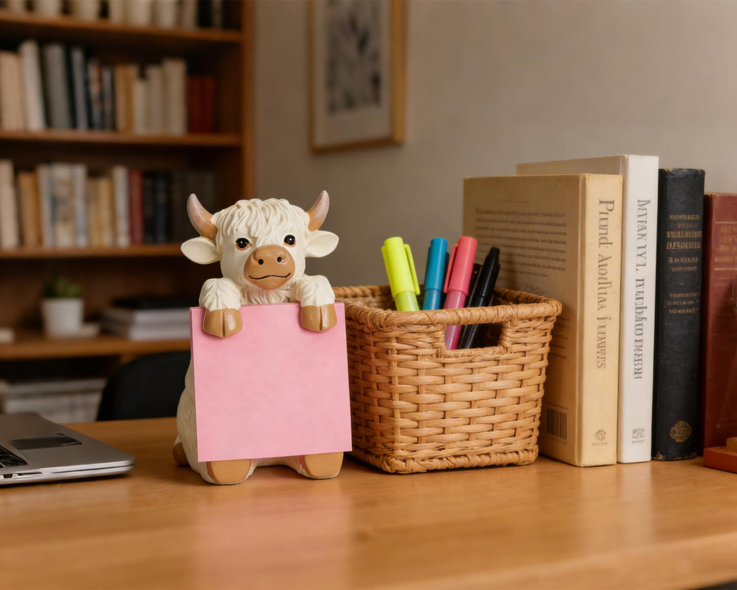 HORTIX Highland Cow Pop-up Sticky Note Dispenser, Includes 1 Pad of 3x3 in Super Sticky Notes, 100 Sheets, Resin Cute Handmade Desk Holder for Office & Home-Beige