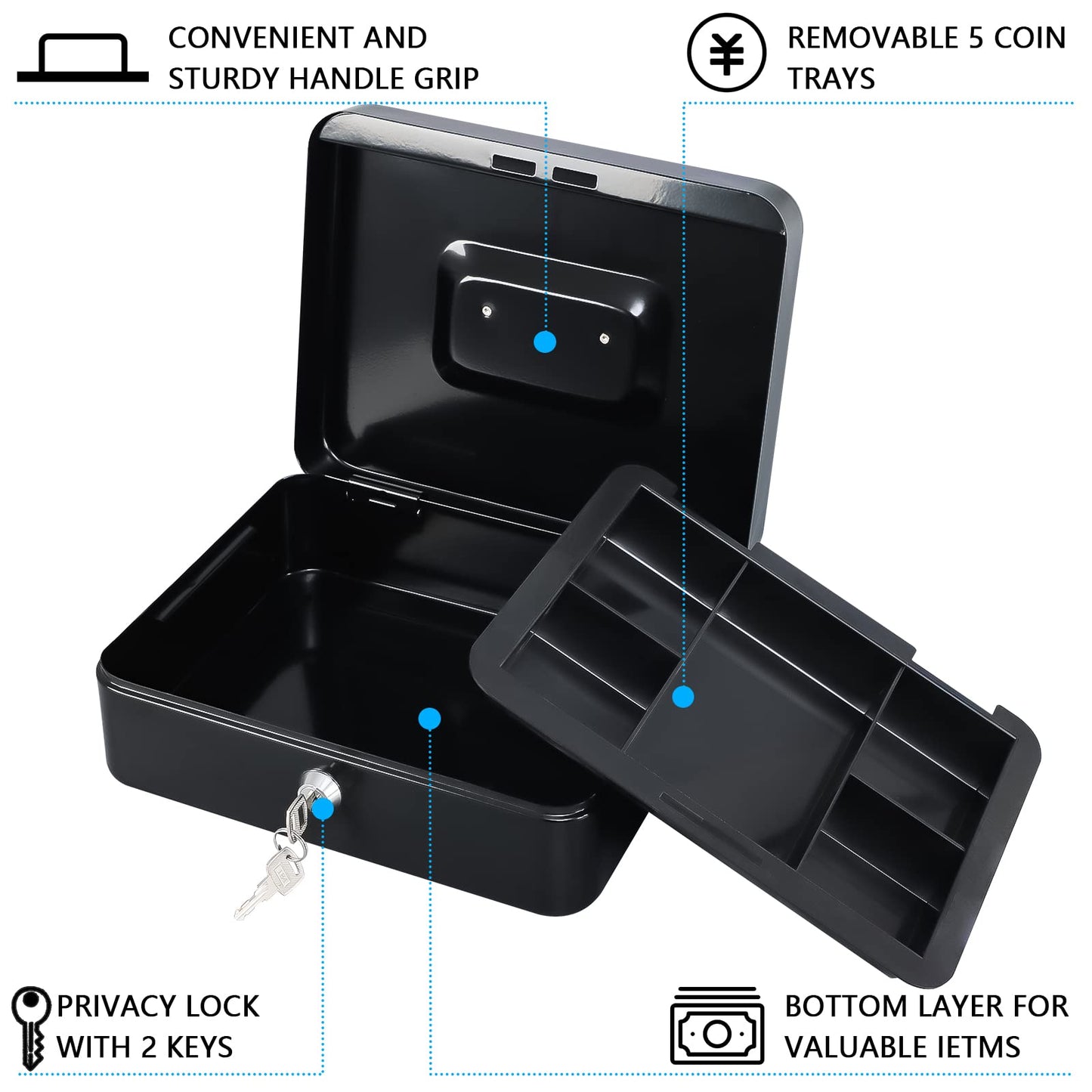 KYODOLED Large Cash Box with Removable Money Tray, Key Lock Metal Storage Box with 2 Keys & Portable Handle, Safe Cash Drawer, 9.84"x 7.87"x 3.54", Black Large