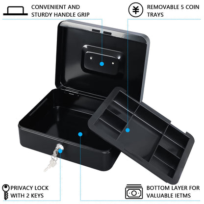 KYODOLED Large Cash Box with Removable Money Tray, Key Lock Metal Storage Box with 2 Keys & Portable Handle, Safe Cash Drawer, 9.84"x 7.87"x 3.54", Black Large