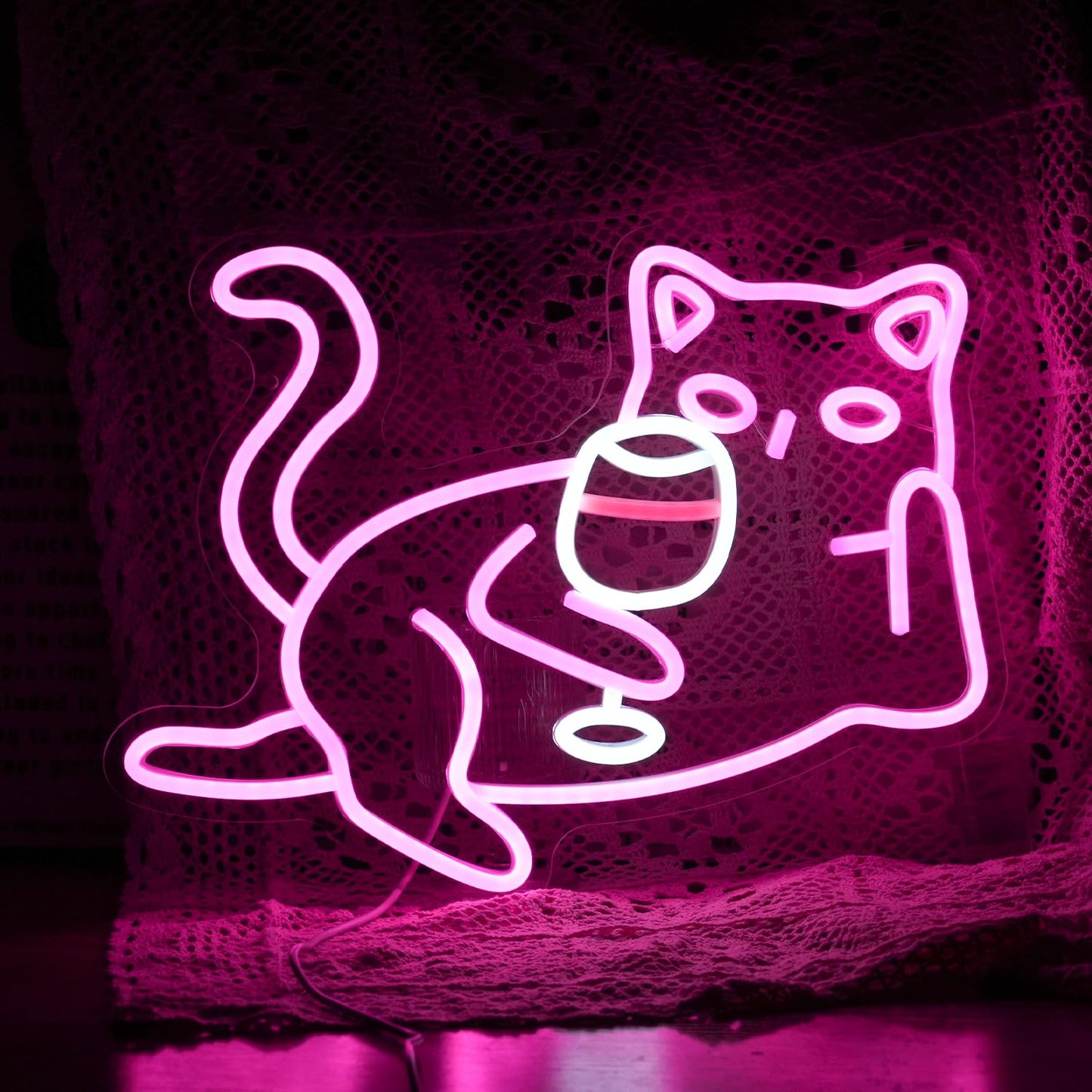 Cat Wine Glasses Neon Sign Dimmable LED Light Pink Cat For Wall Decoration Cocktail Neon Lights Powered By USB Light Up Signs For Bar Decor Living Room Cat cafe Art Dinning Room Cat Lover Gift