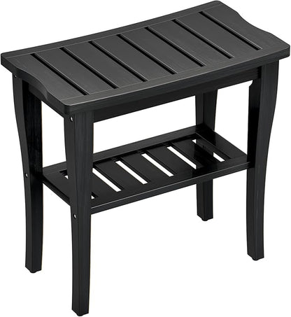 Bamboo Shower Bench Stool with Storage Shelf, Waterproof Shower Chair Spa Bath Seat, Shower Stool for Inside, Bathroom Bench Seat for Adults Elderly Seniors for Indoor or Outdoor Use(Black)