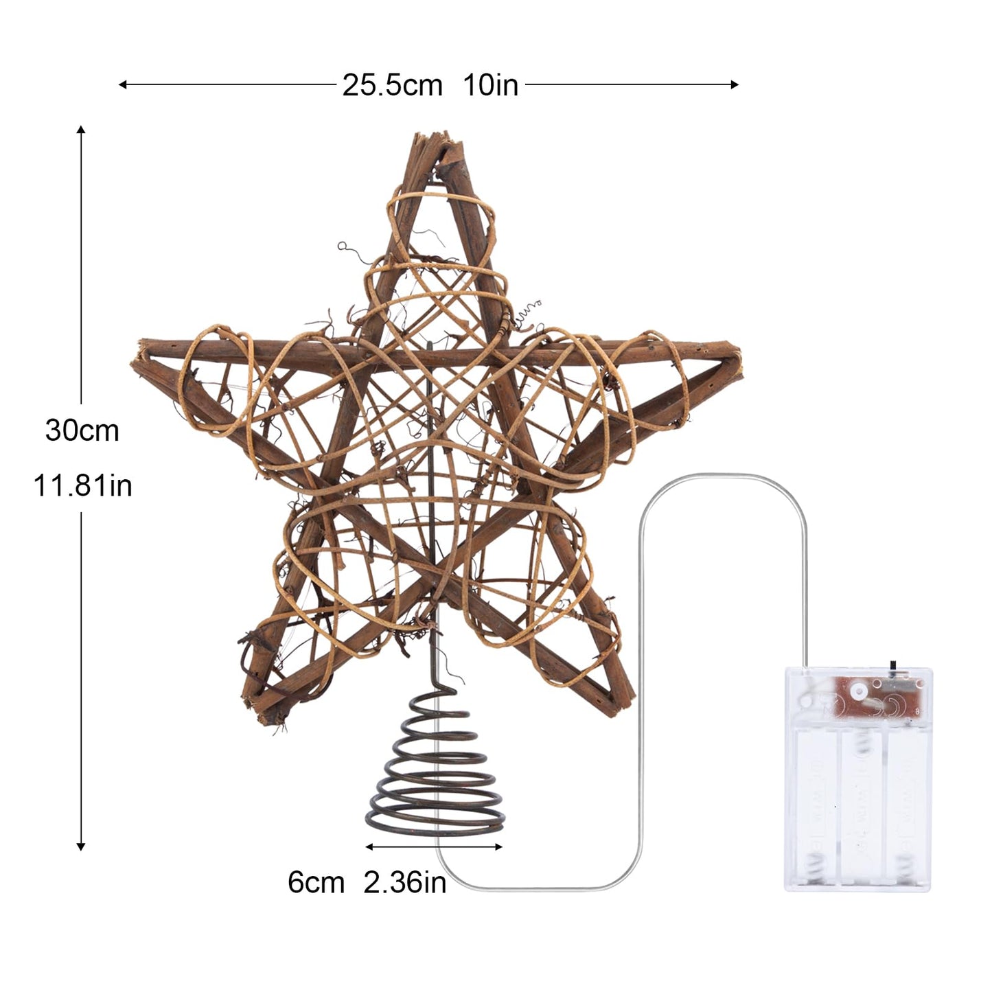 LAWOHO Christmas Tree Topper Star, 10-inch Rustic Brown Rattan Natural with 10 Warm White Lights Three Functions with Timer, Seasonal Decoration for Festive Christmas Home Indoor Ornament