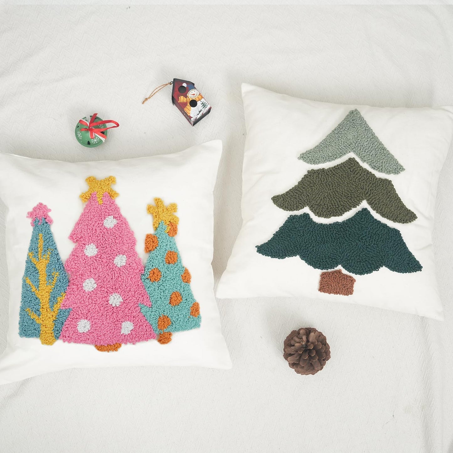 GEEORY Christmas Pillow Covers 18x18 Inch, Canvas Embroidered Xmas Tree Throw Pillows, Farmhouse Home Decoration Cushion Case for Sofa & Bed (Pink