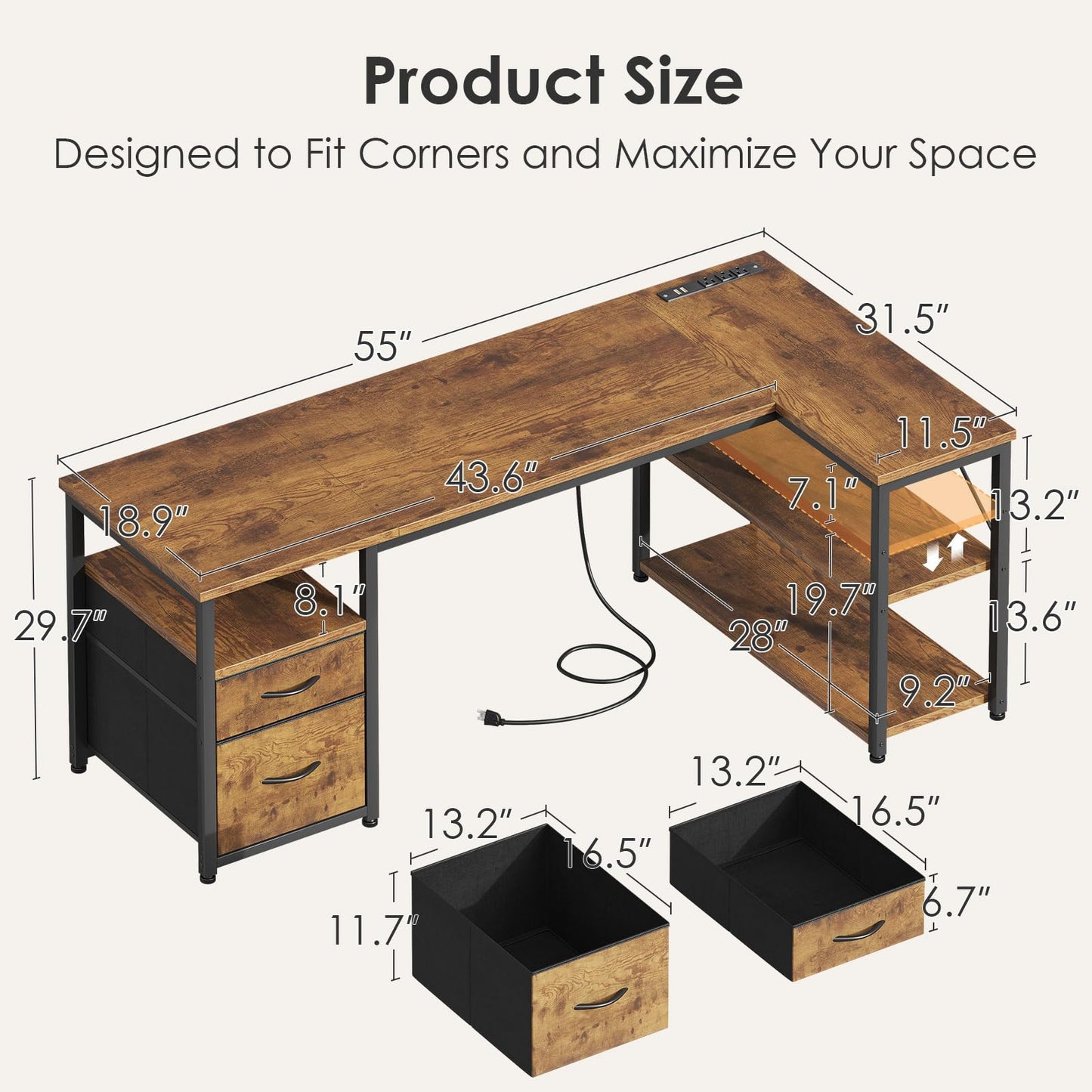 AODK 55 inch L Shaped Computer Desk with Drawers, Reversible Computer Desk with Storage Shelves, Home Office Desk with Built-in Power Outlet, Rustic Brown