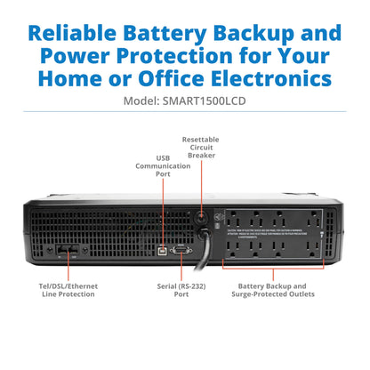 Tripp Lite SMART1500LCD 1500VA Rack Mount UPS Battery Backup, 900W, 8 Outlets, PWM Sine Wave, Short Depth 2U Rackmount UPS, AVR, LCD Screen