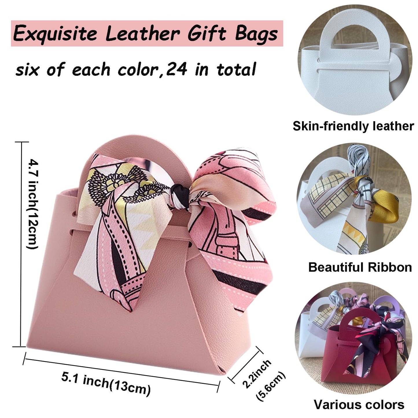 LXKBD 24 Pack PU Leather Gift Bags,Small Party Favors Candy Boxes with Ribbon for Wedding Bridal Shower Baptism Baby Shower Birthday Decoration, Reusable Purse Gift Wrapping Treat Bag