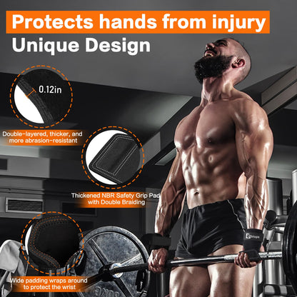Weight Lifting Wrist Strap, Double-Layer Leather Wrist Straps for Gym Strength Training Weightlifting,Deadlift and Powerlifting, Enhance Grip Strength Neoprene Padding Gym Workout Lifting Straps Pair Black