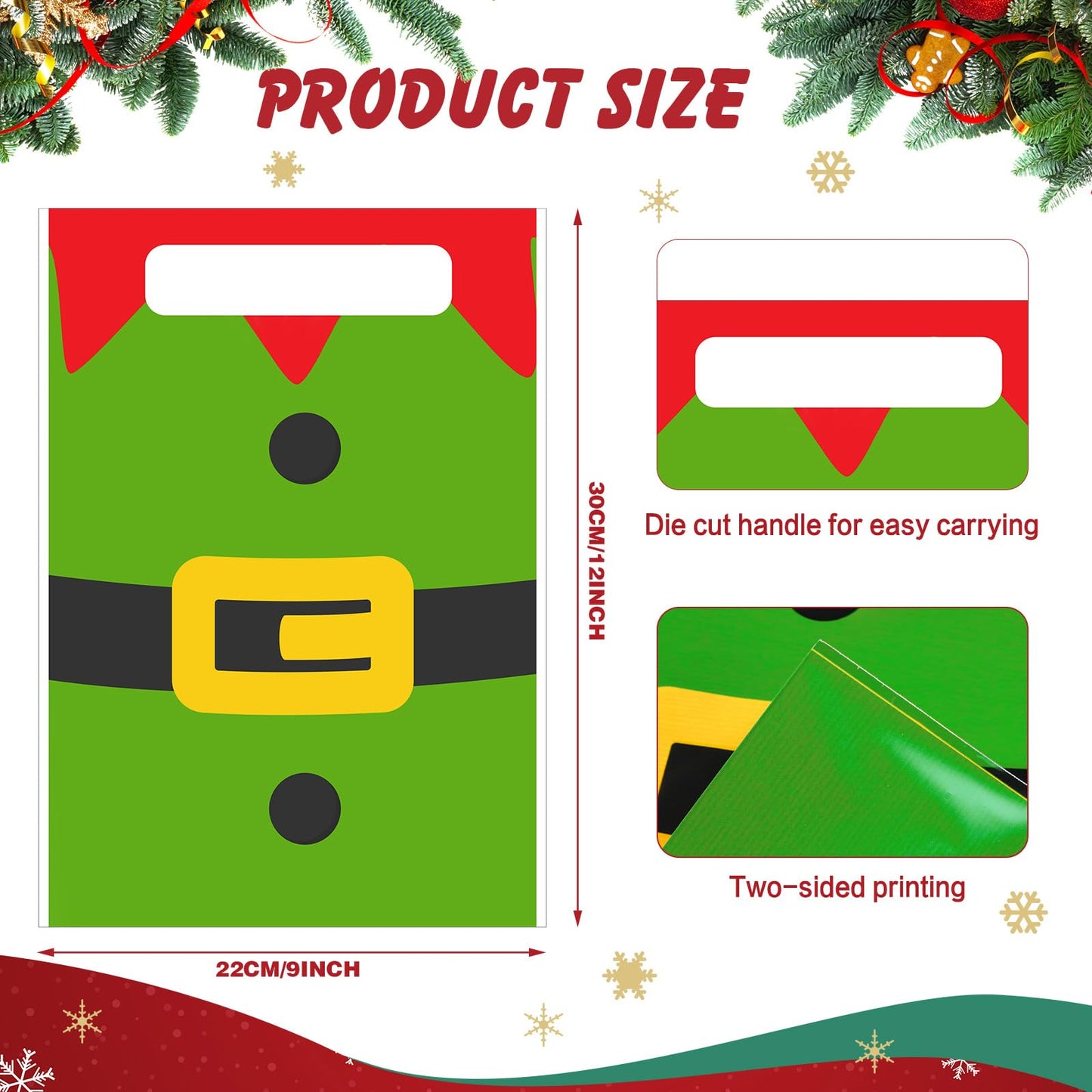 Sinmoe 200 Pcs Plastic Christmas Bags Bulk Christmas Merchandise Gift Bag with Handle 9" x 12" Reusable Xmas Goodie Treat Pouch for Candy Retail Shopping Business Party(Mix Color,Cartoon)