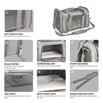 Henkelion Cat Carriers Dog Carrier Pet Carrier For Small / Medium Cats Dogs Puppies (Up To 15lbs), TSA Airline Approved Small Dog Carrier Soft Sided, Collapsible Waterproof Travel Puppy Carrier - Grey