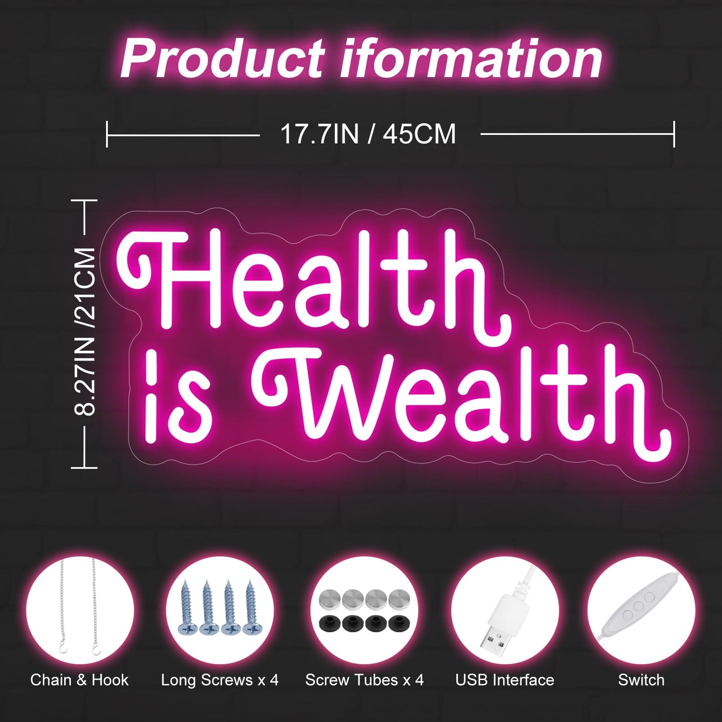Health is Wealth Neon Sign,Health Decor Light,Fitness Club Decor,Gym Led Wall Decor,Inspirational Quote Sign,Health Gift,Mother's Day gift, Encouraging Light, Pink Led light for Bedroom, Club, gifts For Women
